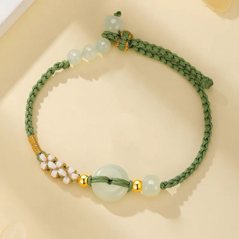 Bracelet tressé en jade Hetian avec boucle de paix et fleur de pêcher