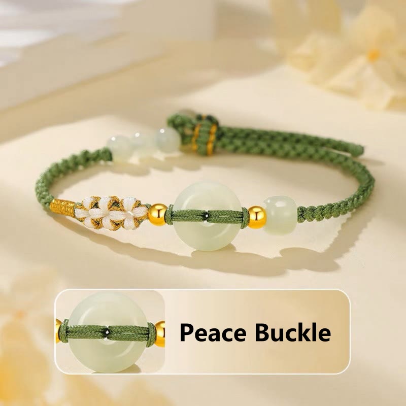 Bracelet tressé en jade Hetian avec boucle de paix et fleur de pêcher
