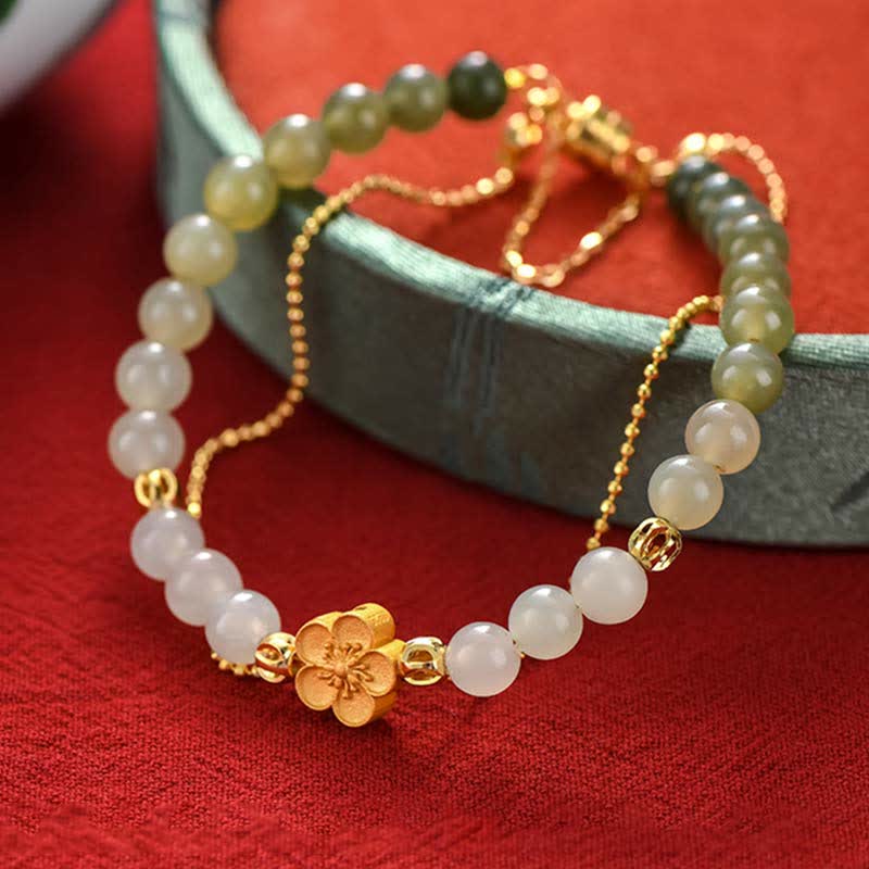 Bracelets porte-bonheur en jade Hetian et fleur de pêcher, unisexes, 6 mm et 8 mm
