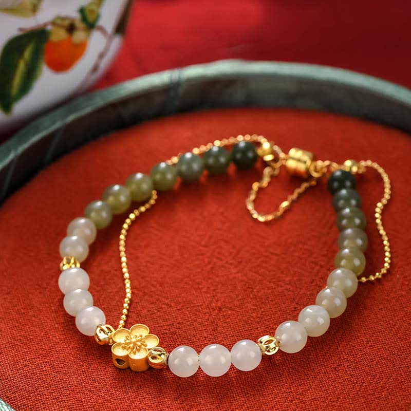 Bracelets porte-bonheur en jade Hetian et fleur de pêcher, unisexes, 6 mm et 8 mm