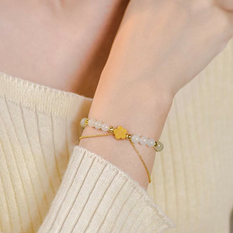 Bracelets porte-bonheur en jade Hetian et fleur de pêcher, unisexes, 6 mm et 8 mm