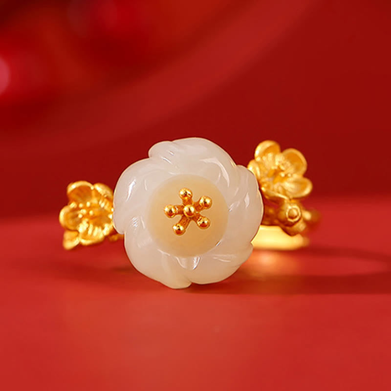 Ensemble collier, bracelet et bague porte-bonheur en jade Hetian et fleur de prunier