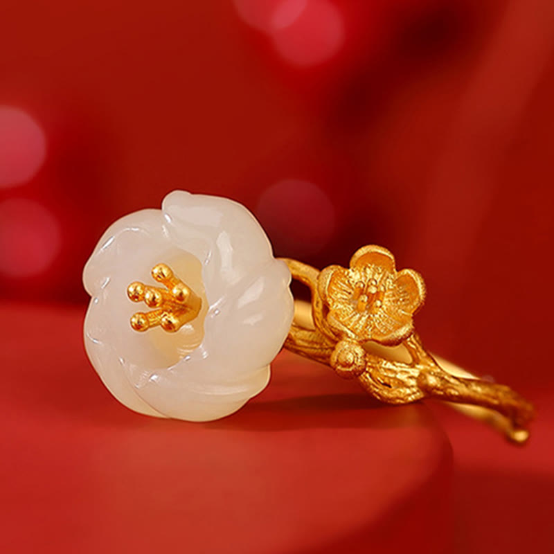 Ensemble collier, bracelet et bague porte-bonheur en jade Hetian et fleur de prunier