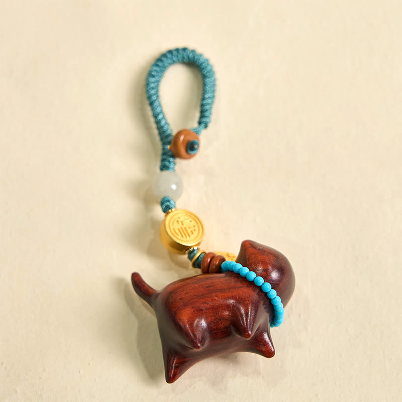 Porte-clés spirituel Fu Abondance en jade Hetian et bois de santal