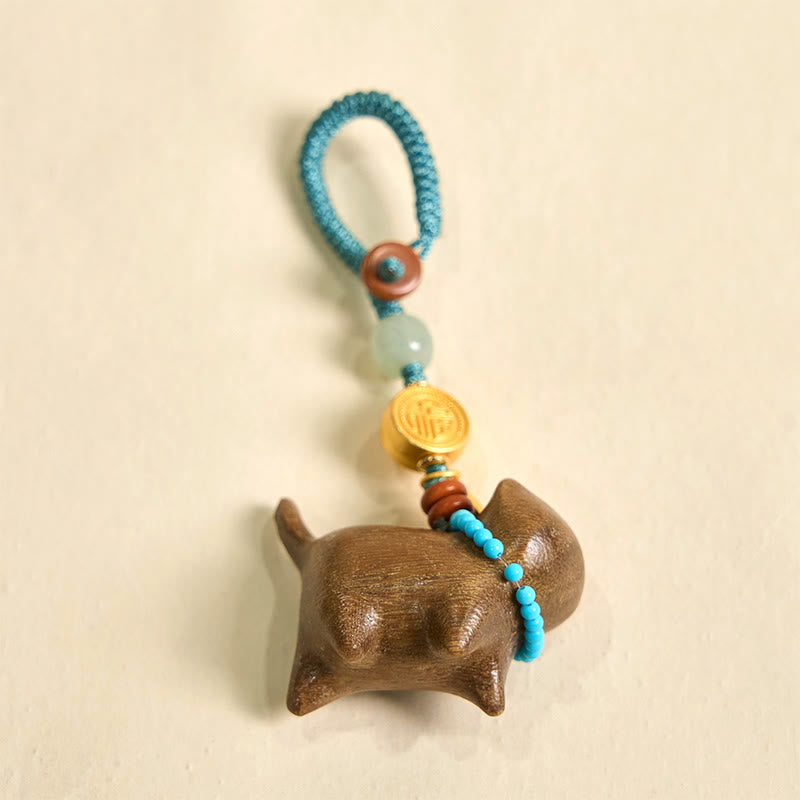 Porte-clés spirituel Fu Abondance en jade Hetian et bois de santal