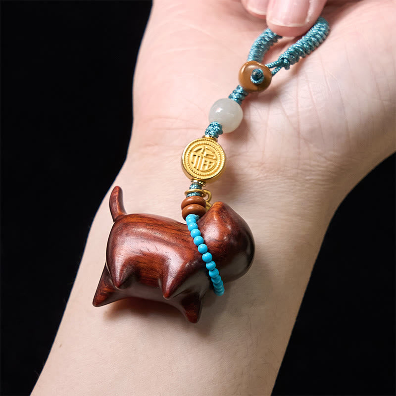 Porte-clés spirituel Fu Abondance en jade Hetian et bois de santal