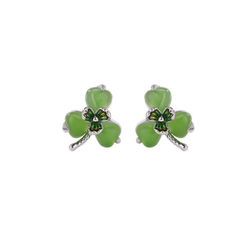 Boucles d'oreilles porte-bonheur en argent et jade trèfle Hetian