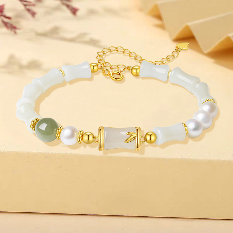 Bracelet en jade blanc Hetian | Argent sterling et bambou, porte-bonheur