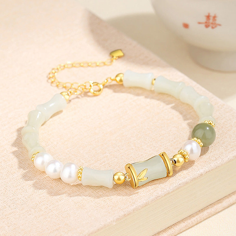 Bracelet en jade blanc Hetian | Argent sterling et bambou, porte-bonheur