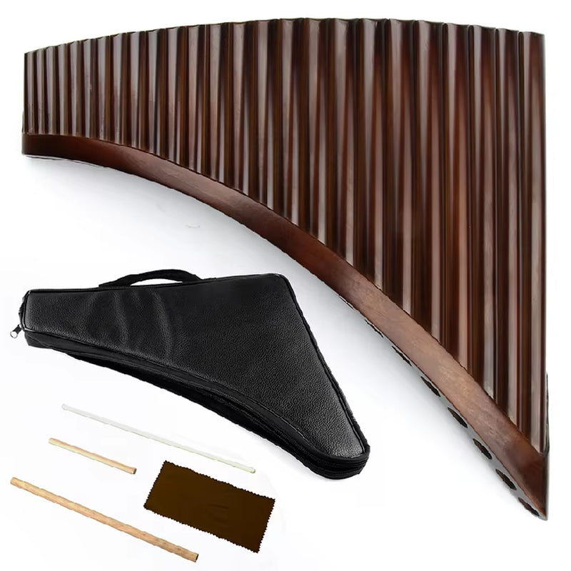 Curved Bamboo Pan Flute in Black Case with Accessories, 25 Pipes, G Key