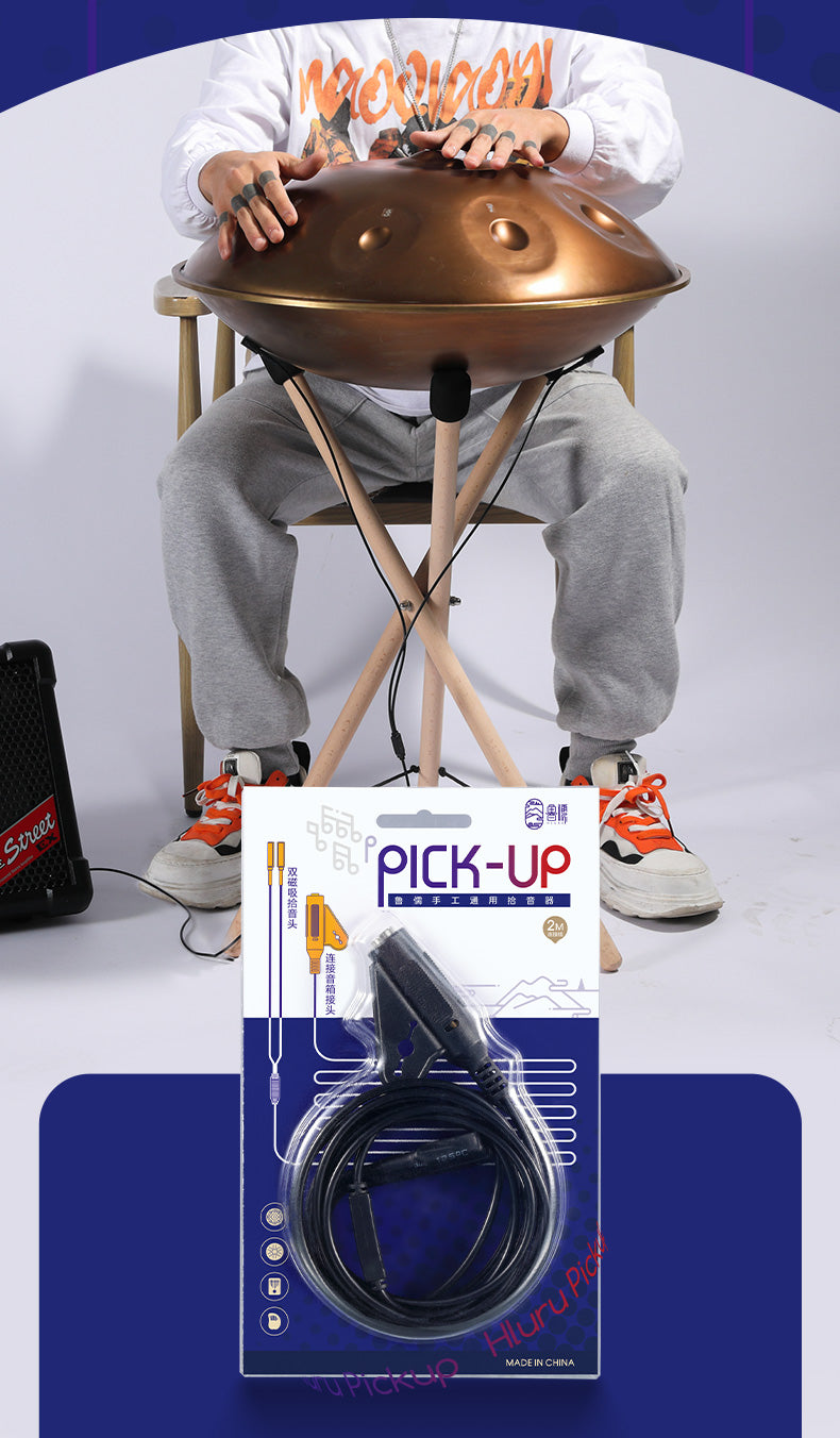 Handpan drum played on stand with Hluru Universal Pickup for music instruments