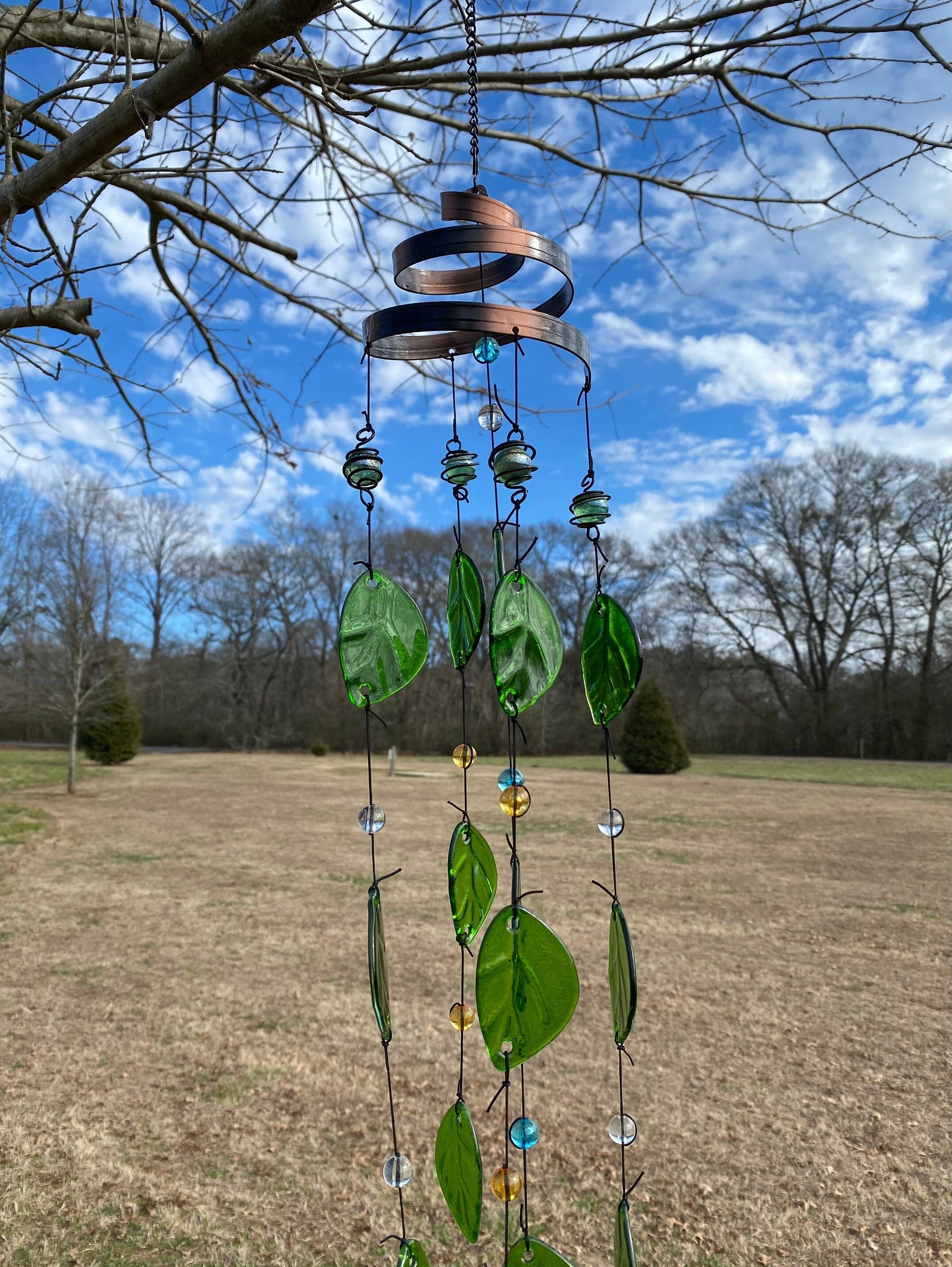 Joyous Wind Chimes, 32 Inch Glass Leaves Handmade Wind Chimes, the Sound Can Create a Sense of Peace, Relaxation and Beautiful Garden Art