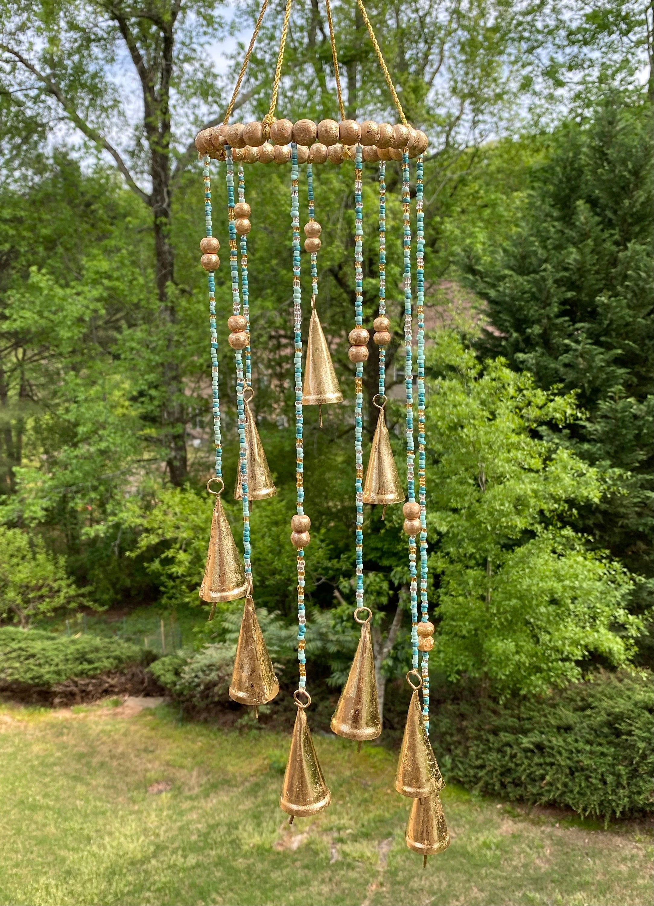 Joyous Wind Chimes, 28 Inch Gold & Teal Beaded Bell Wind Chimes, the Sound Can Create a Sense of Peace, Relaxation in Your Back Yard, Patio