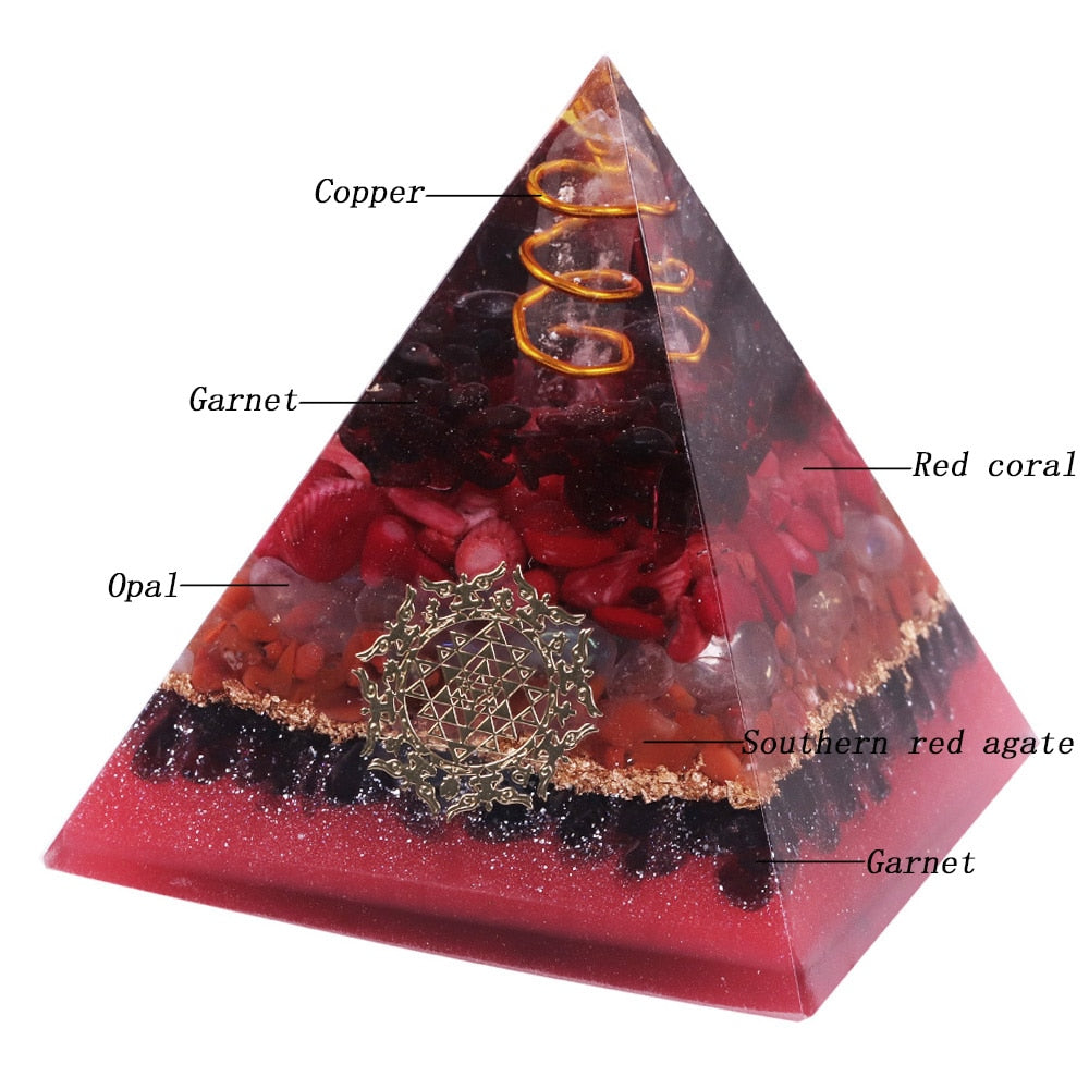 Pyramide d'orgonite en grenat de la Création Infinie