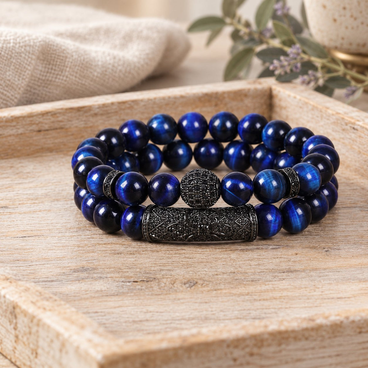 Tiger Eye & Black Agate Beaded Bracelets, blue set in scene