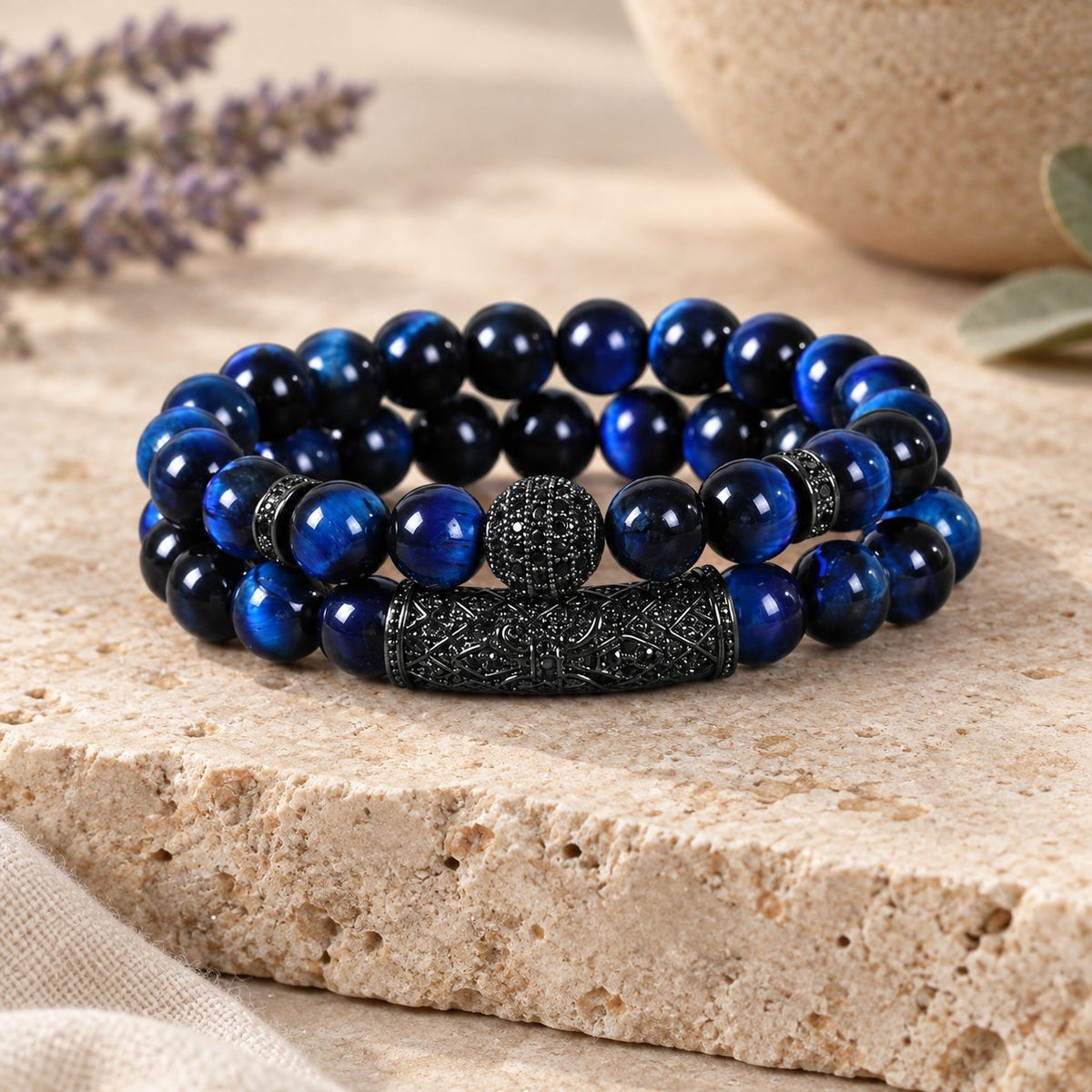 Tiger Eye & Black Agate Beaded Bracelets, blue set