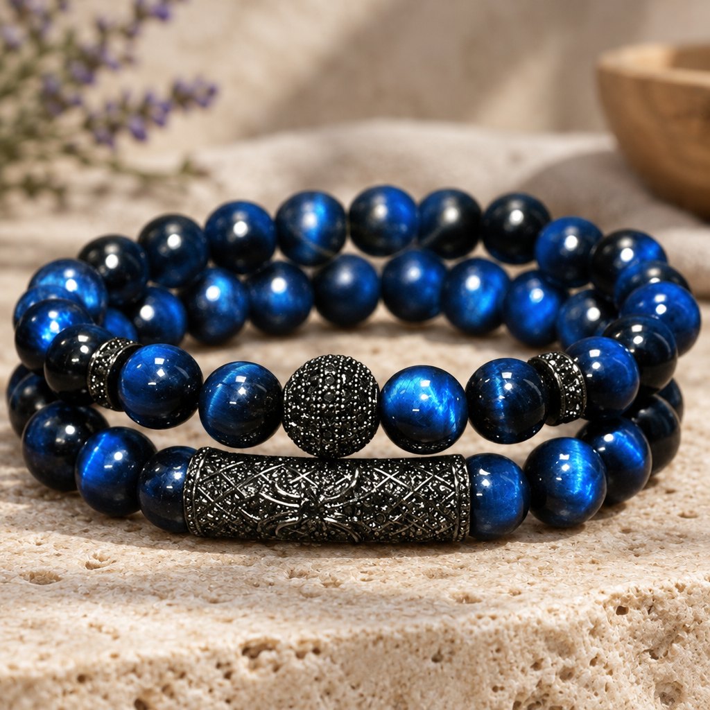 Tiger Eye & Black Agate Beaded Bracelets, blue tiger eye set close-up