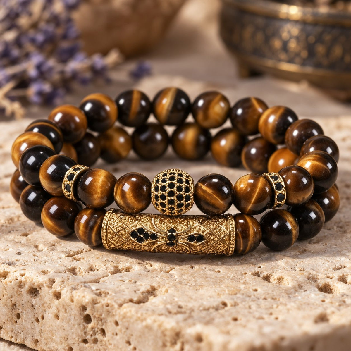 Tiger Eye & Black Agate Beaded Bracelets, close-up of the material and finish