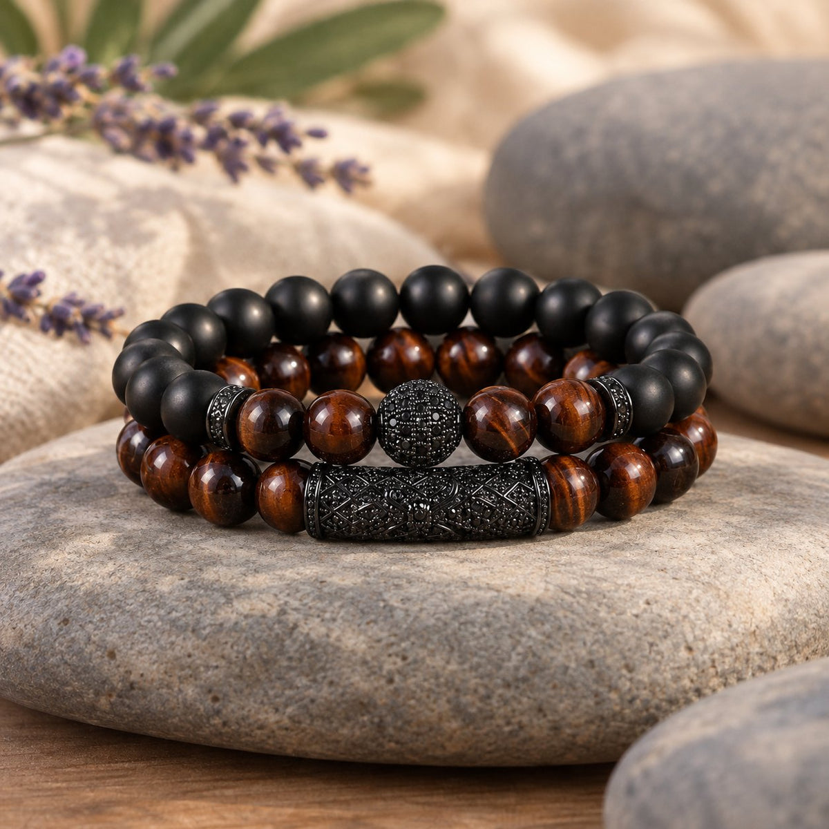 Tiger Eye & Black Agate Beaded Bracelets, red tiger eye set in scene