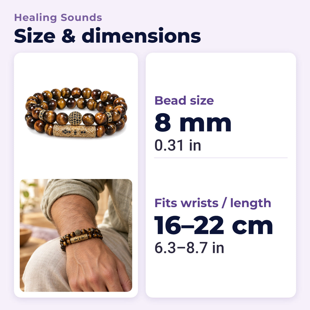Tiger Eye & Black Agate Beaded Bracelets, size and dimensions in millimetres and inches