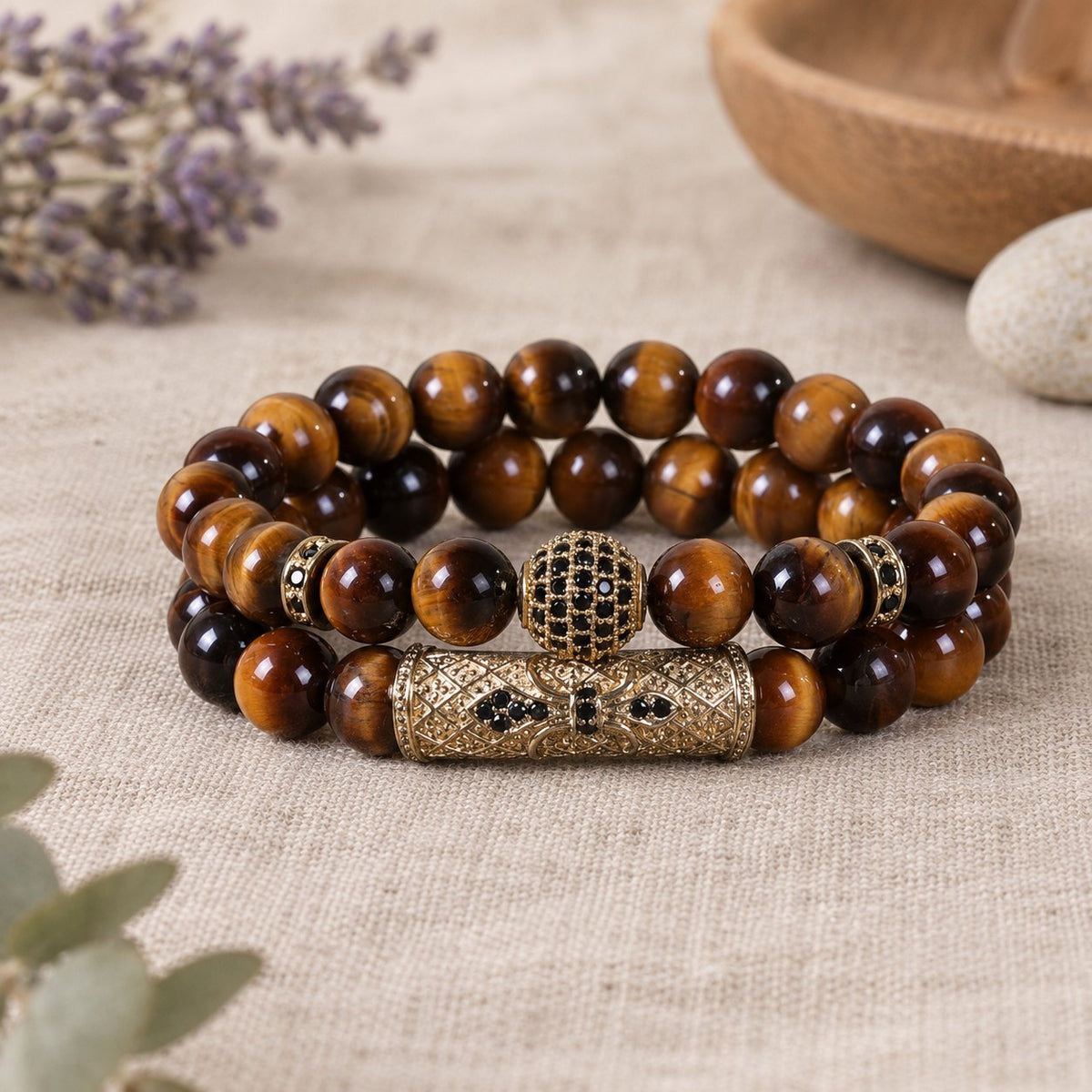 Tiger Eye & Black Agate Beaded Bracelets, tiger eye set in a scene