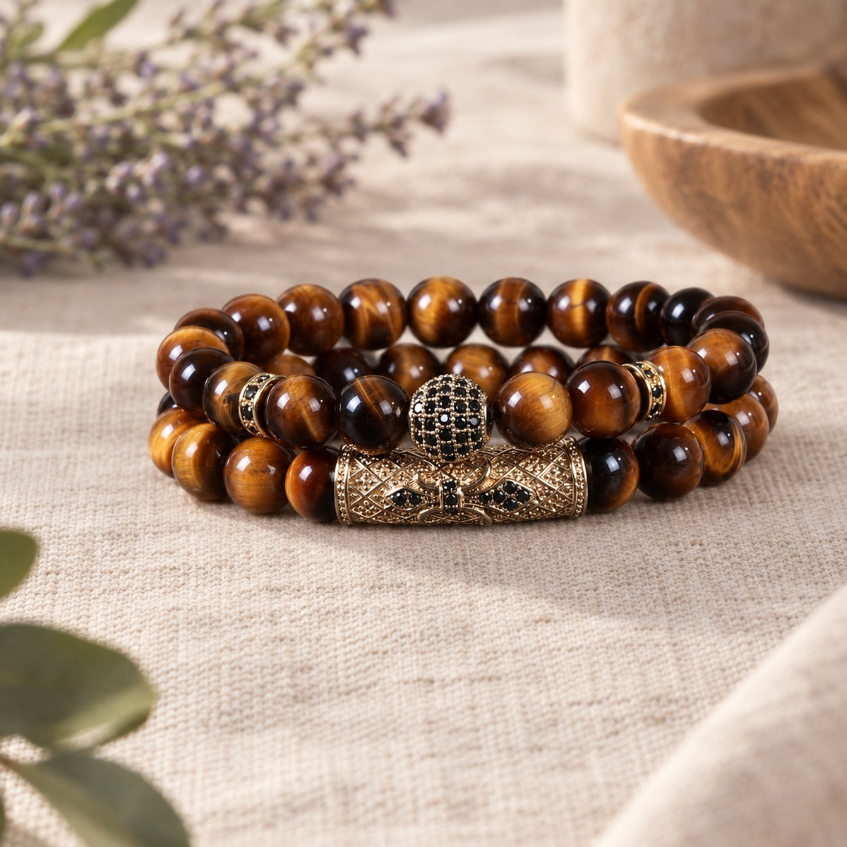 Tiger Eye & Black Agate Beaded Bracelets, tiger eye set
