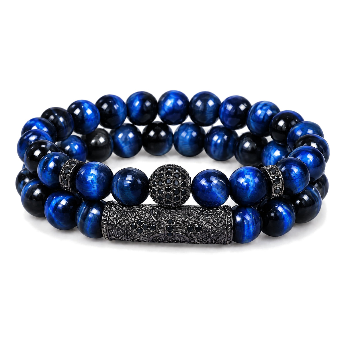 Tiger Eye & Black Agate Beaded Bracelets, on a white background