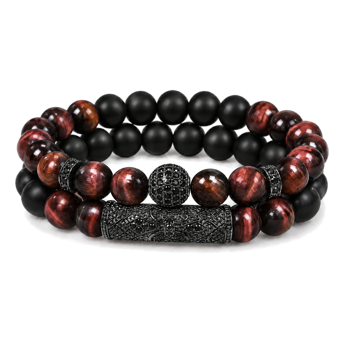 Tiger Eye & Black Agate Beaded Bracelets, on a white background