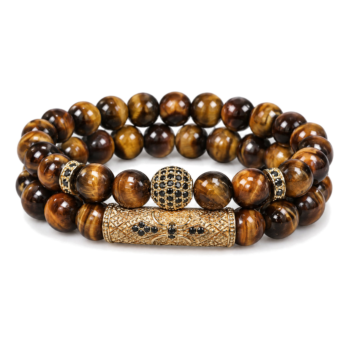 Tiger Eye & Black Agate Beaded Bracelets, on a white background