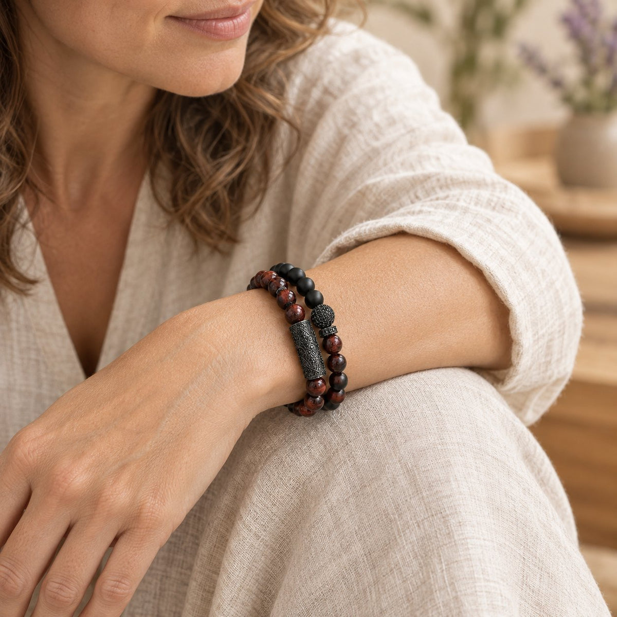Tiger Eye & Black Agate Beaded Bracelets, worn by a woman