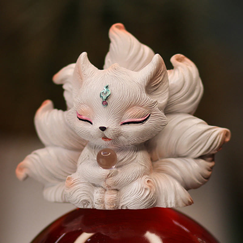 Figurine de renard à neuf queues en résine ivoire 7,5 cm Statue mythique