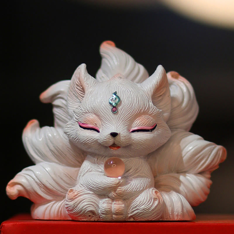 Figurine de renard à neuf queues en résine ivoire 7,5 cm Statue mythique