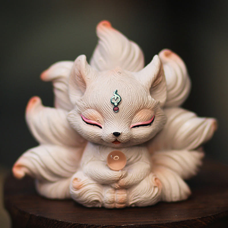 Figurine de renard à neuf queues en résine ivoire 7,5 cm Statue mythique