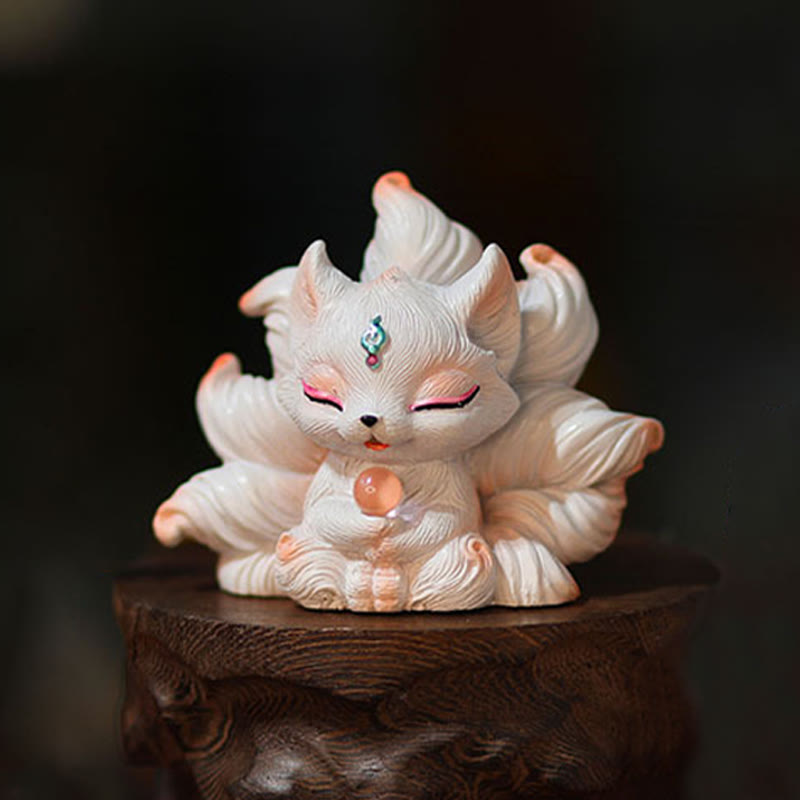 Figurine de renard à neuf queues en résine ivoire 7,5 cm Statue mythique