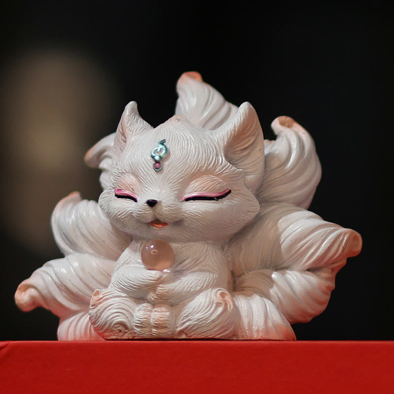 Figurine de renard à neuf queues en résine ivoire 7,5 cm Statue mythique