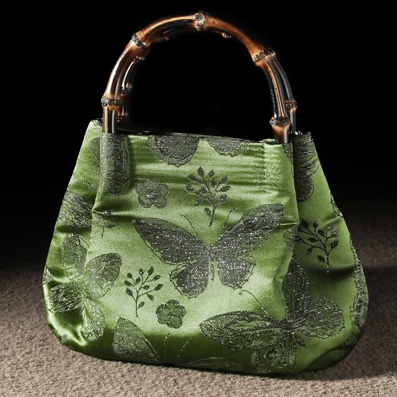 Sac jacquard à motif papillons et fleurs avec anse en bambou | Accessoire spirituel
