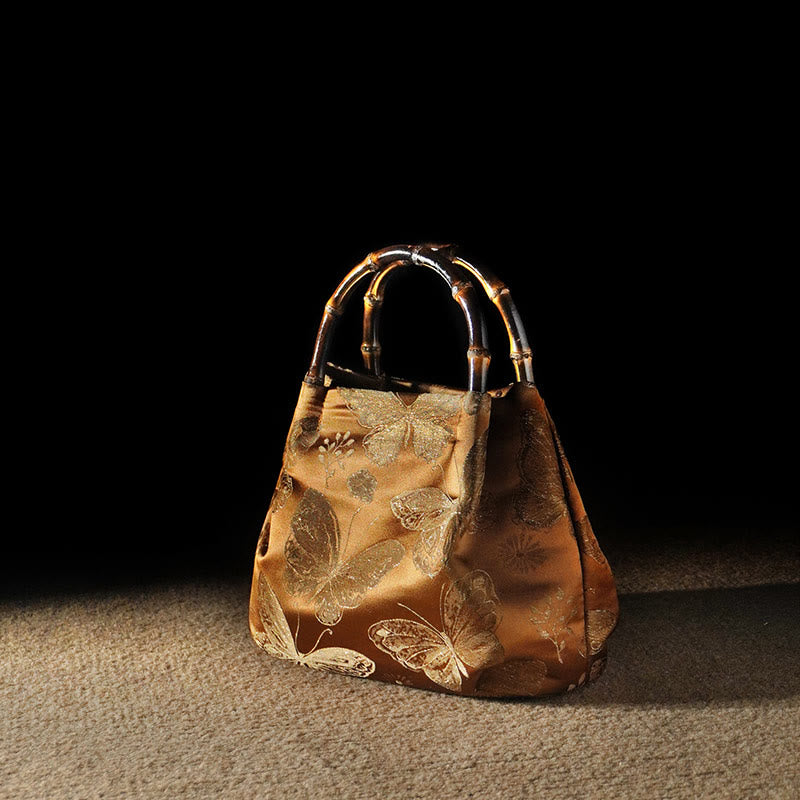Sac jacquard à motif papillons et fleurs avec anse en bambou | Accessoire spirituel