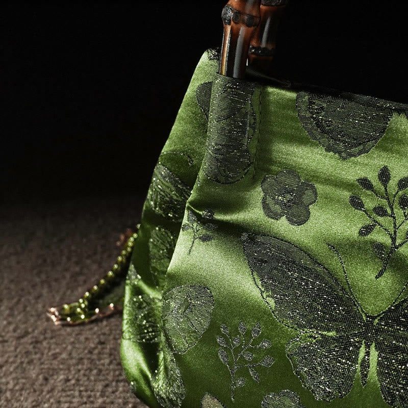 Sac jacquard à motif papillons et fleurs avec anse en bambou | Accessoire spirituel