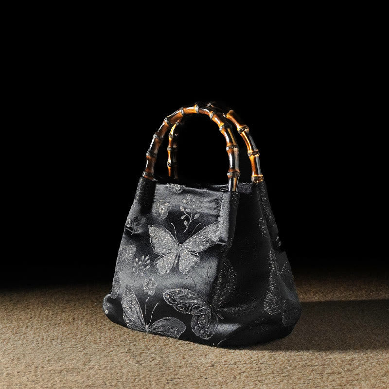 Sac jacquard à motif papillons et fleurs avec anse en bambou | Accessoire spirituel