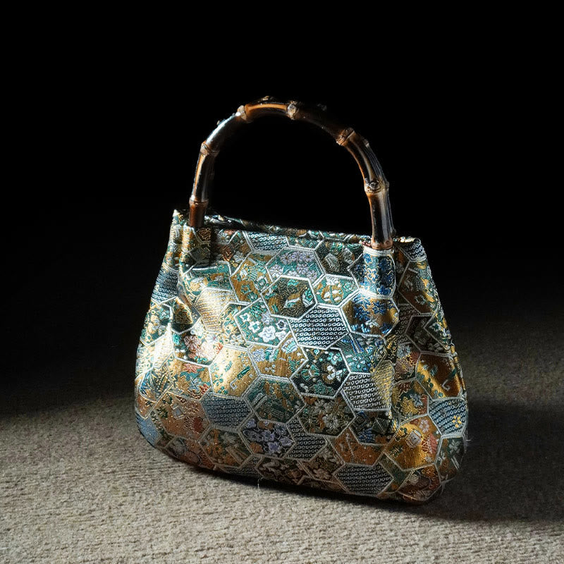 Sac jacquard à motif papillons et fleurs avec anse en bambou | Accessoire spirituel