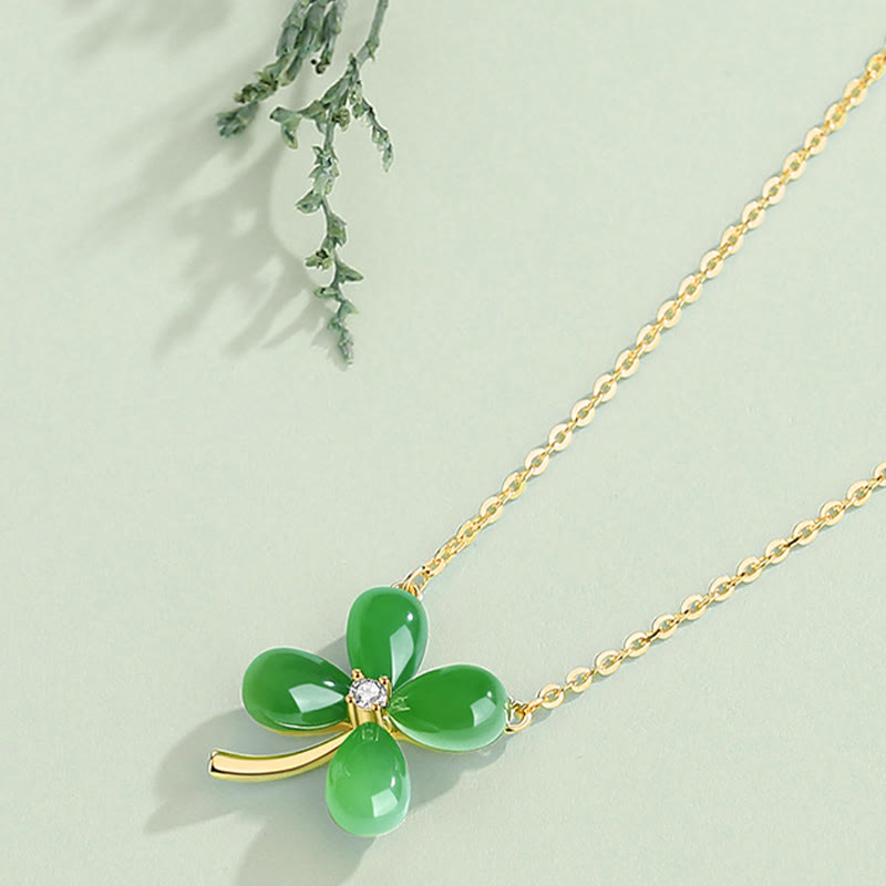 Collier trèfle à quatre feuilles en jade | Pendentif porte-bonheur en argent 925