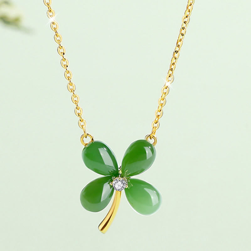 Collier trèfle à quatre feuilles en jade | Pendentif porte-bonheur en argent 925