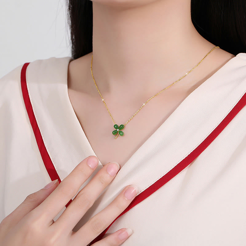 Collier trèfle à quatre feuilles en jade | Pendentif porte-bonheur en argent 925