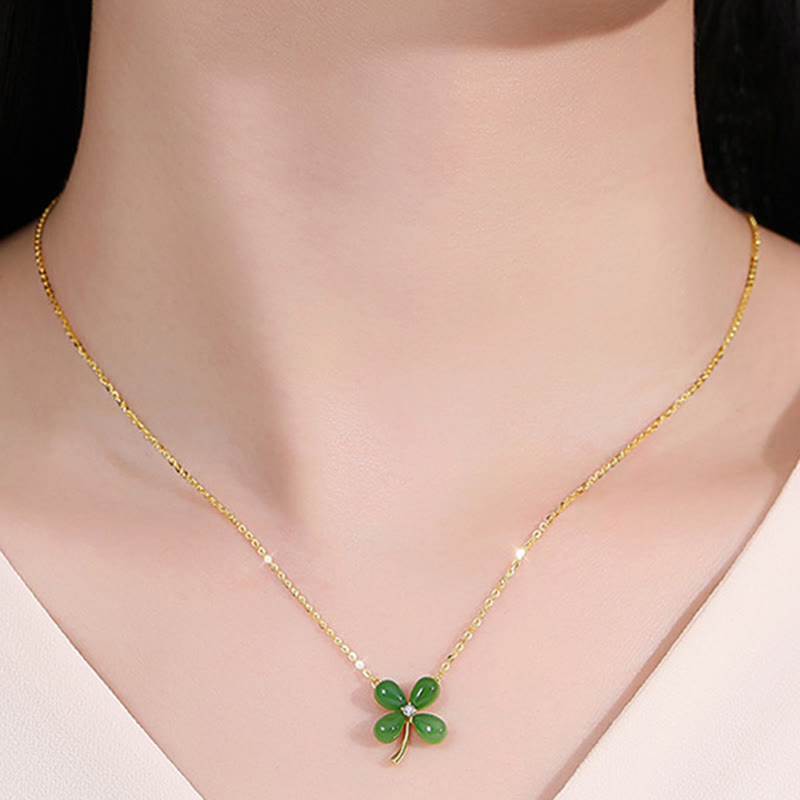Collier trèfle à quatre feuilles en jade | Pendentif porte-bonheur en argent 925