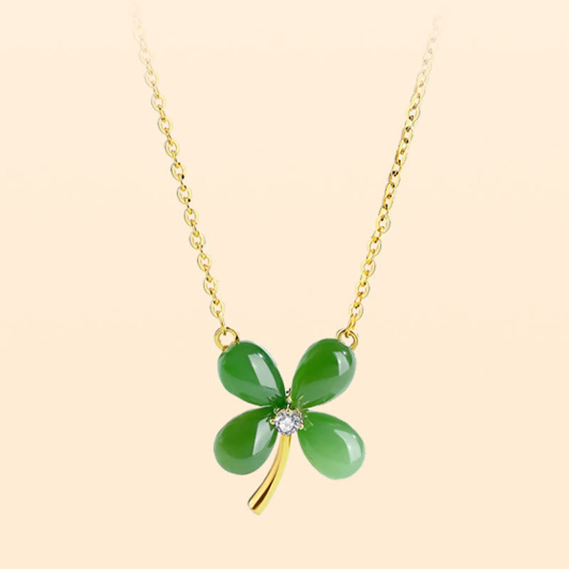 Collier trèfle à quatre feuilles en jade | Pendentif porte-bonheur en argent 925