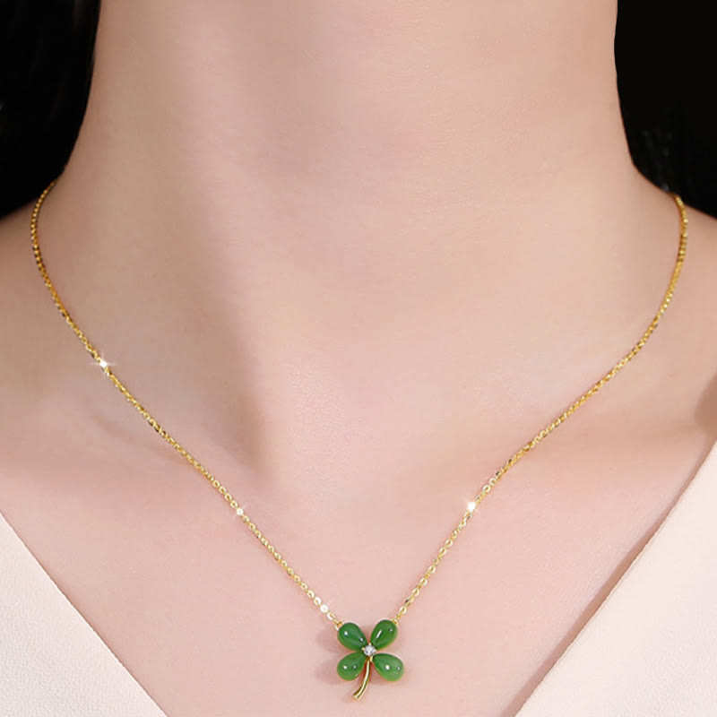 Collier trèfle à quatre feuilles en jade | Pendentif porte-bonheur en argent 925