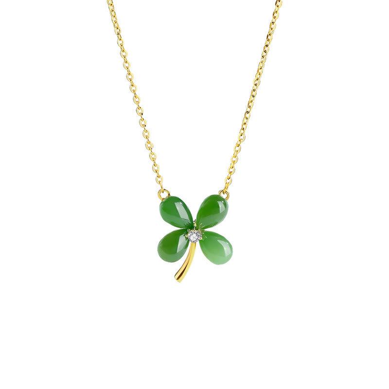Collier trèfle à quatre feuilles en jade | Pendentif porte-bonheur en argent 925