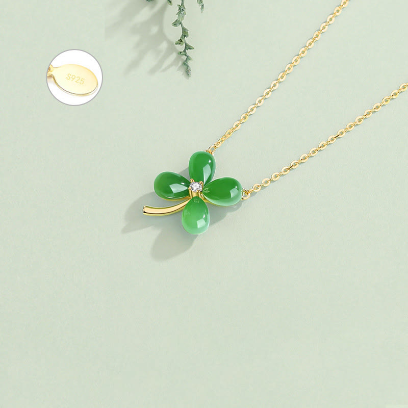 Collier trèfle à quatre feuilles en jade | Pendentif porte-bonheur en argent 925