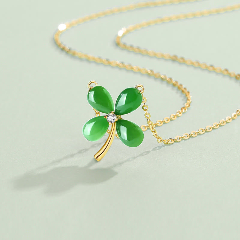 Collier trèfle à quatre feuilles en jade | Pendentif porte-bonheur en argent 925