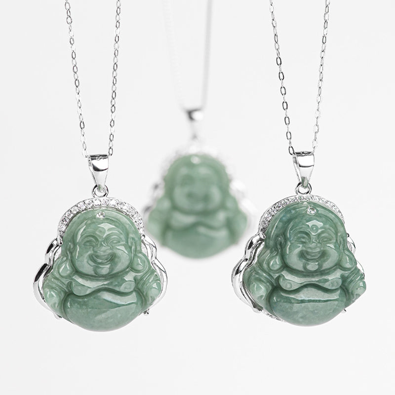 Collier Bouddha rieur en jade et pendentif en argent sterling 925